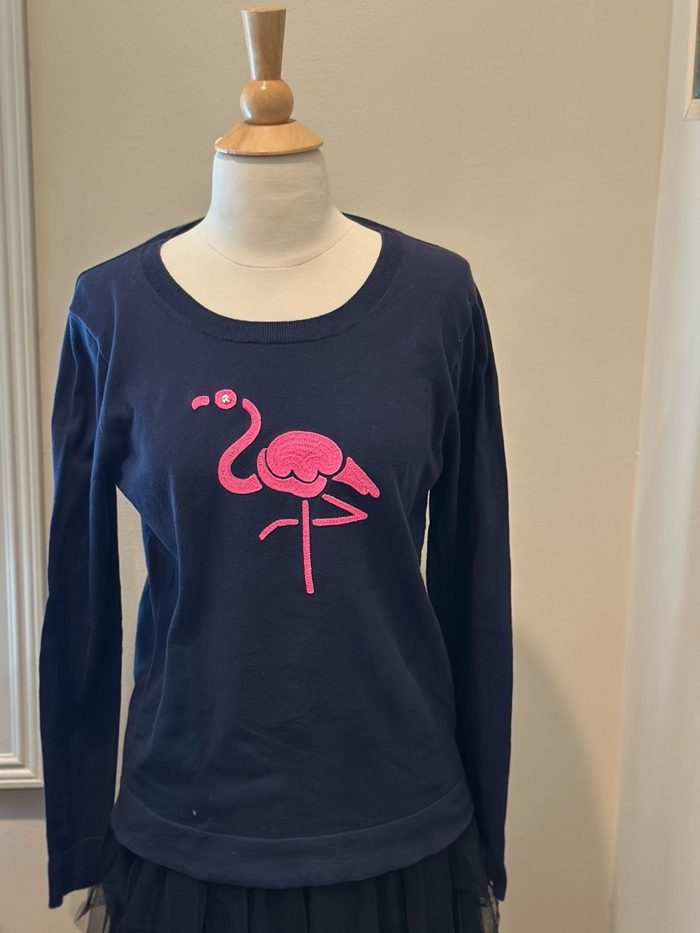 J.Crew Navy Pink Flamingo Embroidered Cotton Sweater Top Size M